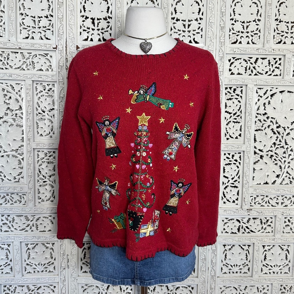 Vtg Victoria Jones Holiday Angel Cherub Christmas Tree Gifts Sweater Sz Petite S